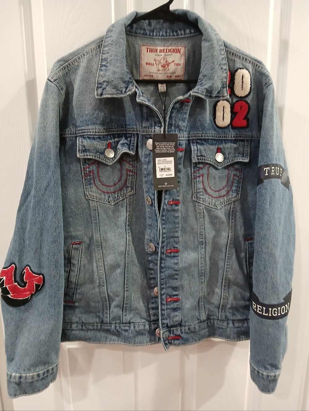 True Religion Light Blue Denim Jacket with Red and White Patch Accents